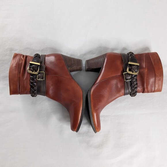 L'Artiste Brown Cognac Leather Braided Buckle Stacked Heel Boots - Picture 4 of 8
